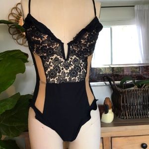 For Love and Lemons sexy black lace and nude mesh one piece never worn swimsuit